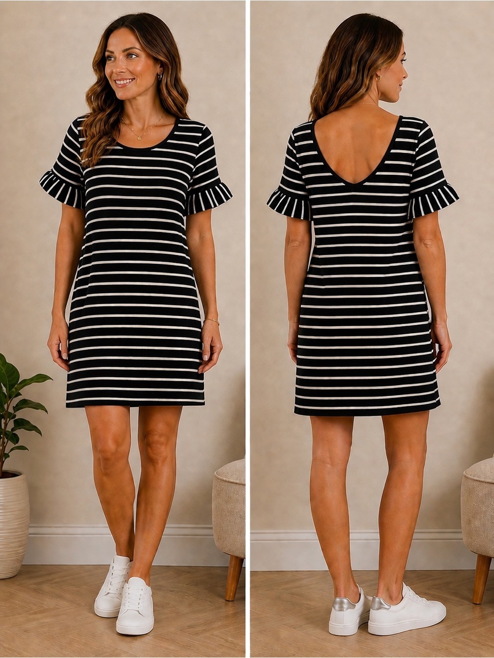 Preppy Dress Knit Ruffle Sleeve Striped Summer Minimalist Black White Medium